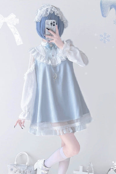 Lace Edge Long Sleeve Sweet Blue Dress LAL0116
