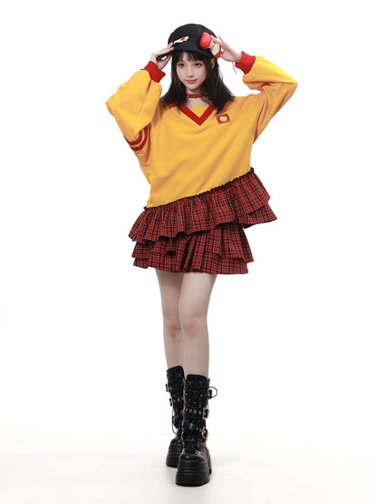 V-Neck Color Block Sweatshirt And Plaid Skirt Set PIN0052