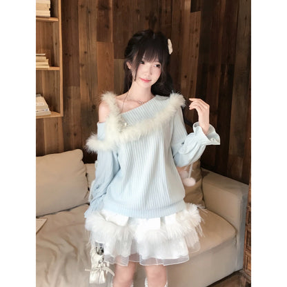 Off Shoulder Fur Trim Knit Sweater LAL0140