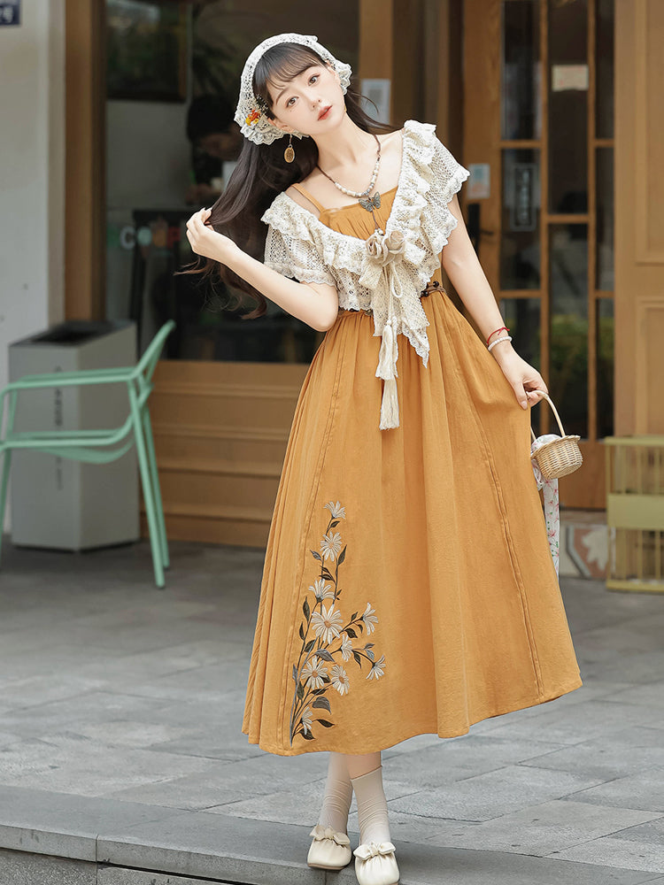 Orange Color Flower Embroidery China Style Dress YOU0041