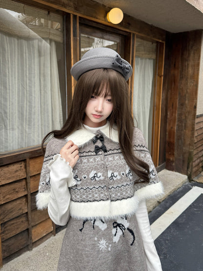 Rabbit Fleece Knit Dress With Removable Cape LAL0139