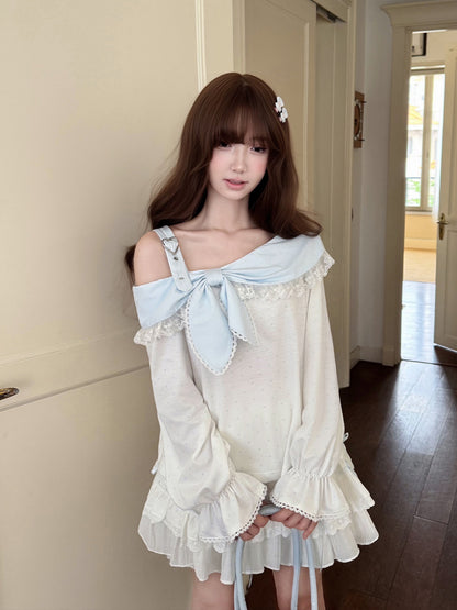 Off Shoulder Bow Collar Ruffle Top LAL0239