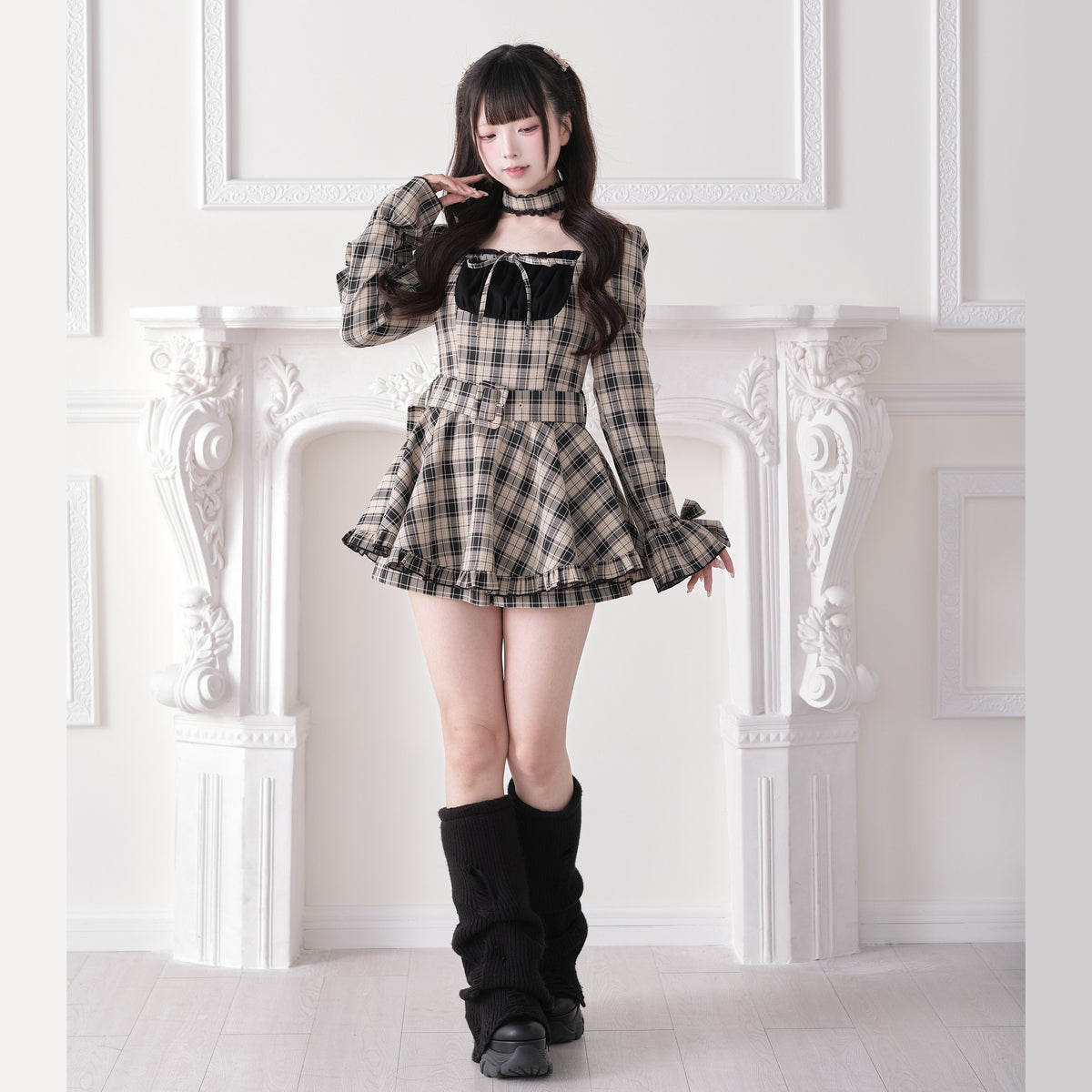 Plaid Square Neck Belted Dress NOG0027