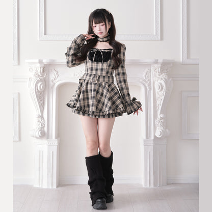 Plaid Square Neck Belted Dress NOG0027