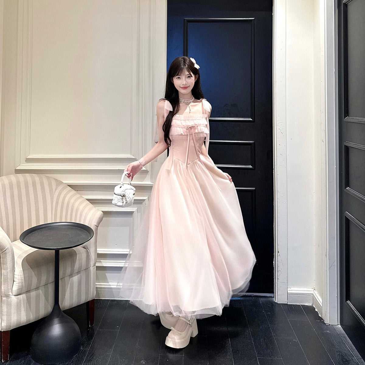 Pink Tulle Ruffle Waist Maxi Dress BEL0029