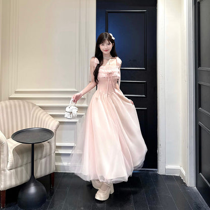 Pink Tulle Ruffle Waist Maxi Dress BEL0029