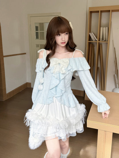 Snow Frost Ruffle Off Shoulder Sweater LAL0150