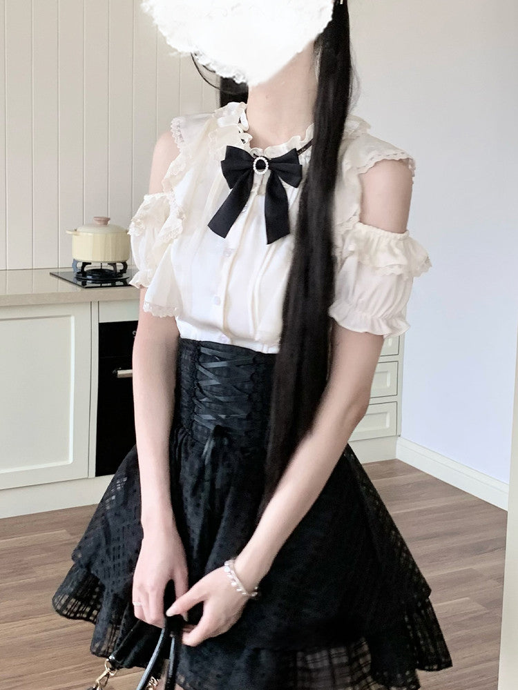Ribbon Bow Blouse With Corset Tiered Skirt LAL0155