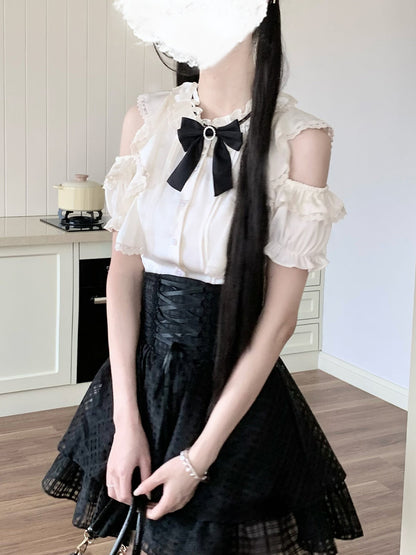 Ribbon Bow Blouse With Corset Tiered Skirt LAL0155