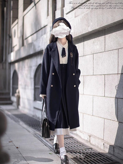 Navy Wool Double-Breasted College Coat HUT0160