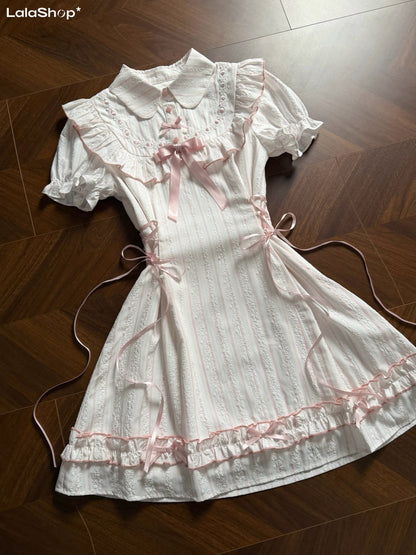Ivory Pinstripe Ruffle Lolita Dress With Ribbon LAL0183