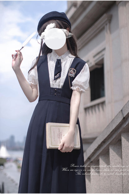 Elegant Puff Sleeve Inner Shirt & Navy Skirt  HUT0094