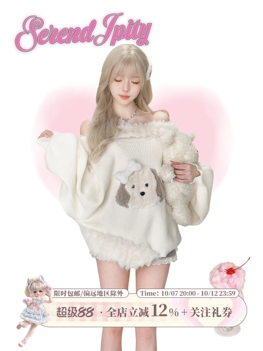 White Puppy Applique Off Shoulder Sweater And Shorts Set SER0139