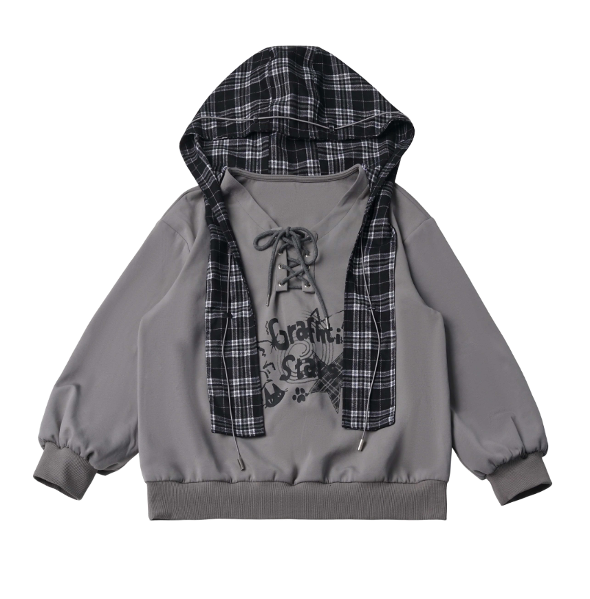 Plaid Shawl Collar Hooded Sweatshirt PIN0060