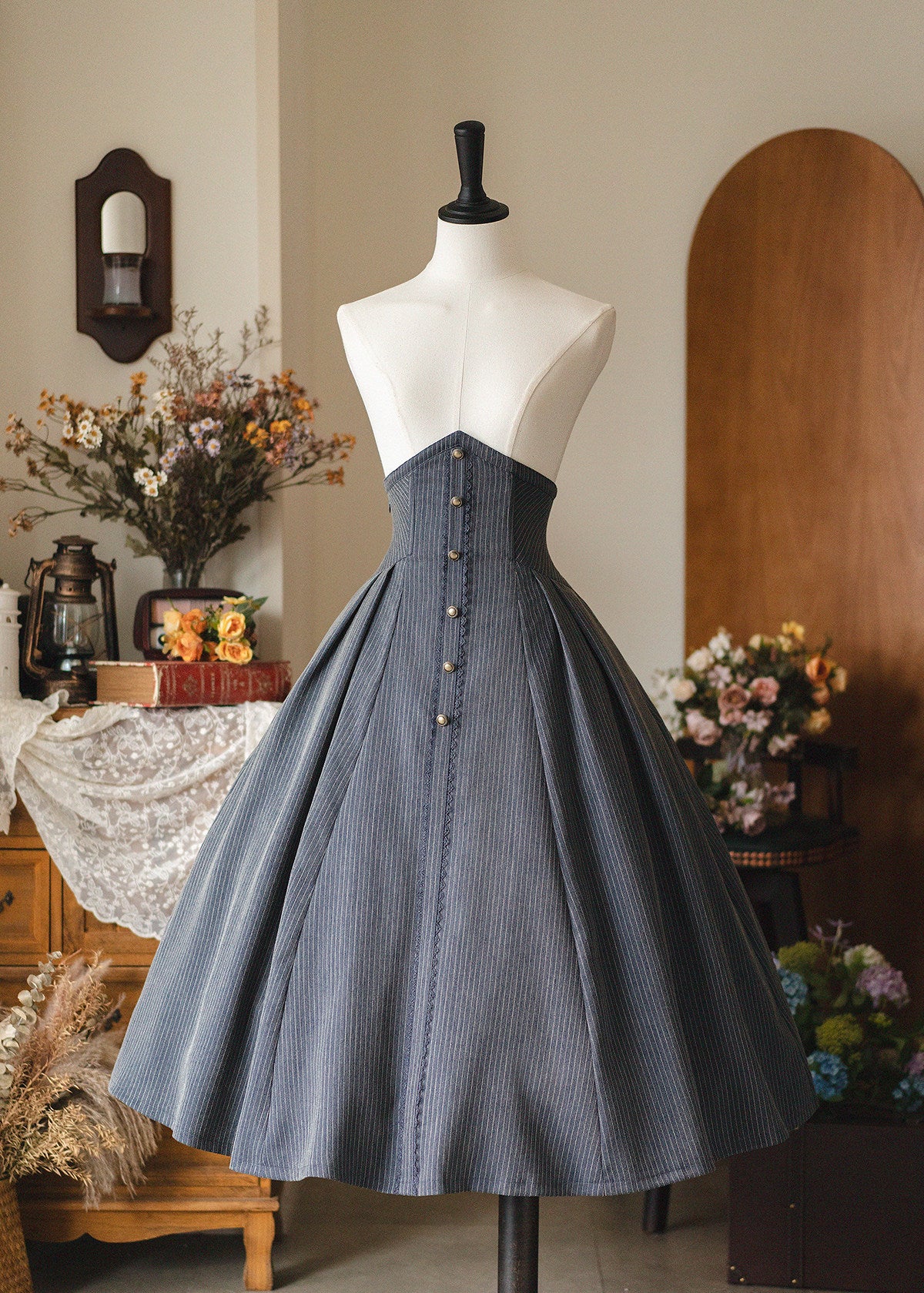 Vintage Pinstripe Button-Front Midi Skirt FOR0071