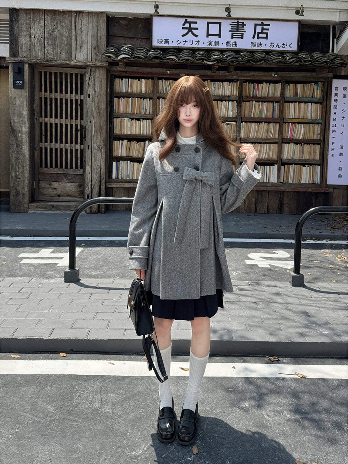 Hooded Gray Wool Coat With Pleated Skirt LAL0152