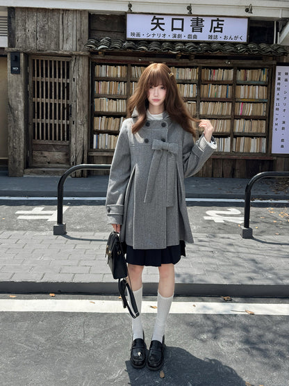 Hooded Gray Wool Coat With Pleated Skirt LAL0152