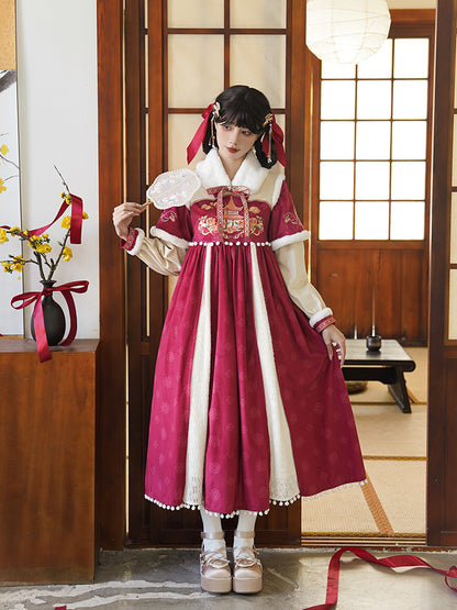 Red and White Chinese-Style Embroidery Long Dress WIT0195