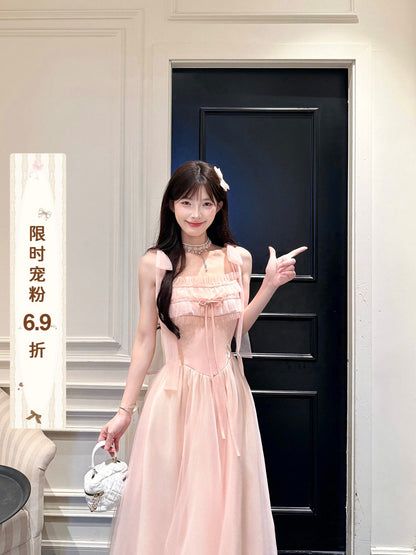 Pink Tulle Ruffle Waist Maxi Dress BEL0029