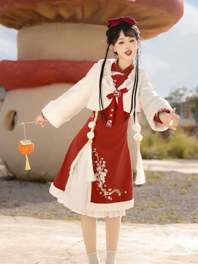 Chinese New Year Fur-Trim Jacket Dress Set YOU0241