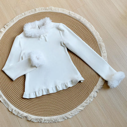 Fur Trim Ruffle Hem Knit Top WIT0299