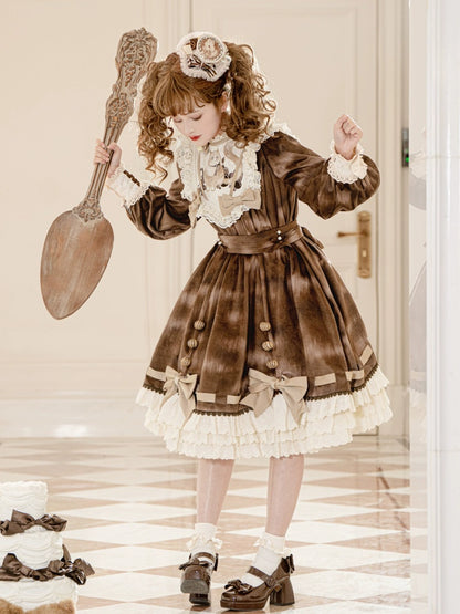 Cat Print Sweet Brown Lolita Dress YOU0012