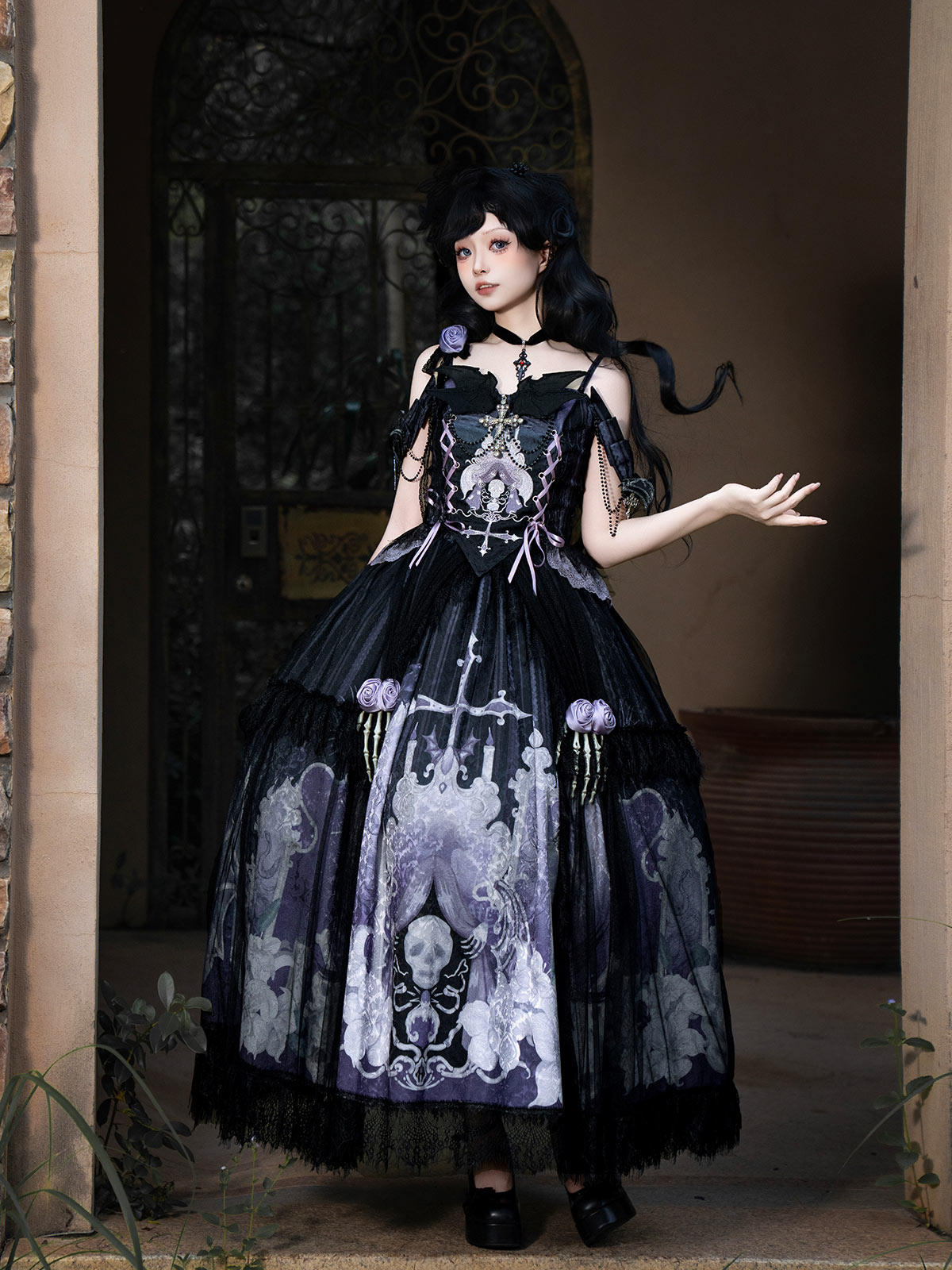 Black Gothic Off-Shoulder Skull Print Lolita Dress YOU0309
