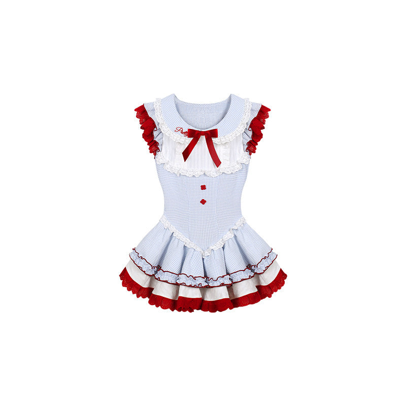 Blue Gingham Pinafore Dress Three-Piece Set SER0165