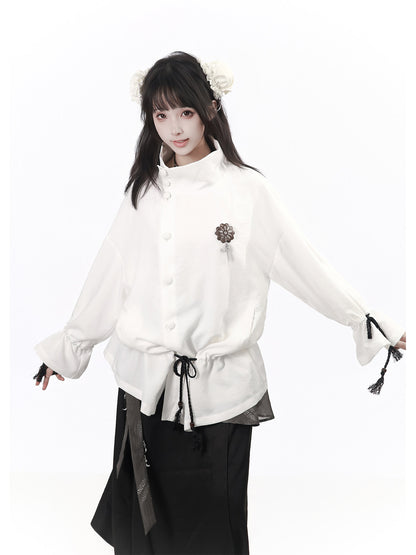 Chinese Style Asymmetric Button Tassel Coat PIN0057