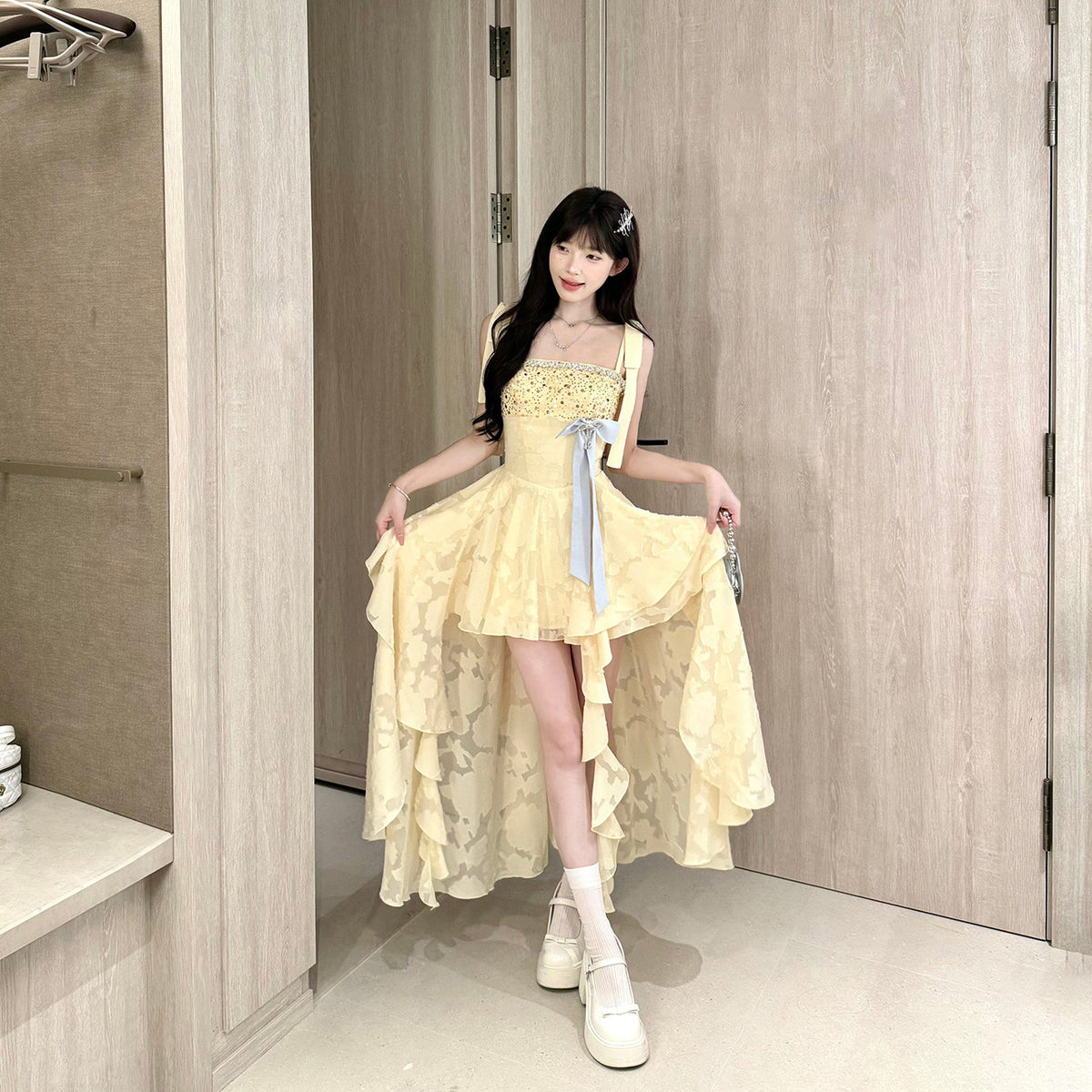 Yellow Lace High Low Tiered Dress BEL0032