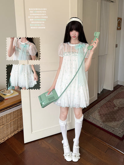 Sheer Lace Puff Sleeve Dress LAL0222