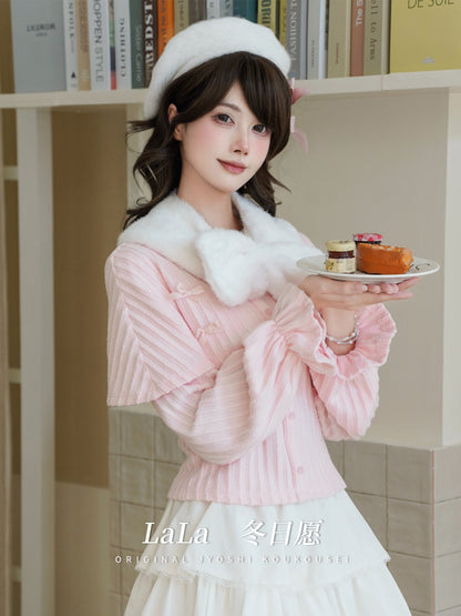 Fur Collar Striped Knit Top With Tiered Skirt LAL0163