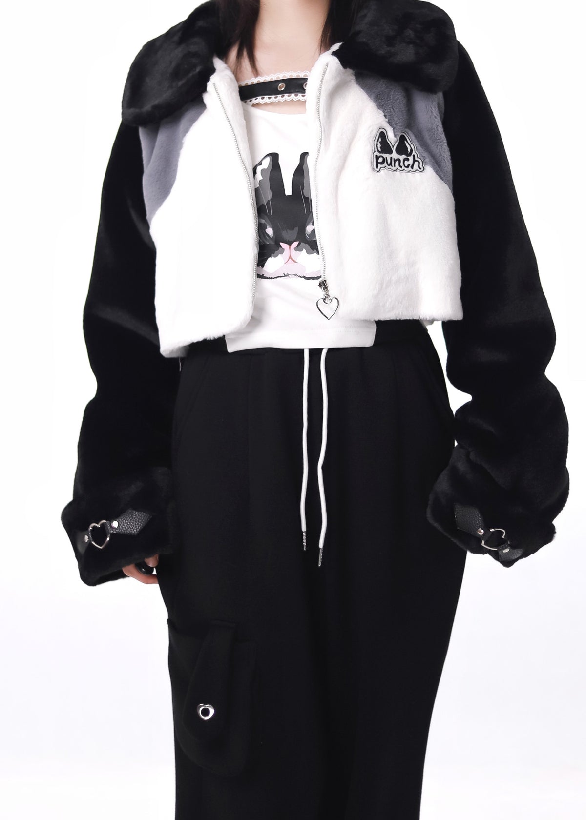 Fur Hood Lace-Up Cargo Pants Set PIN0034