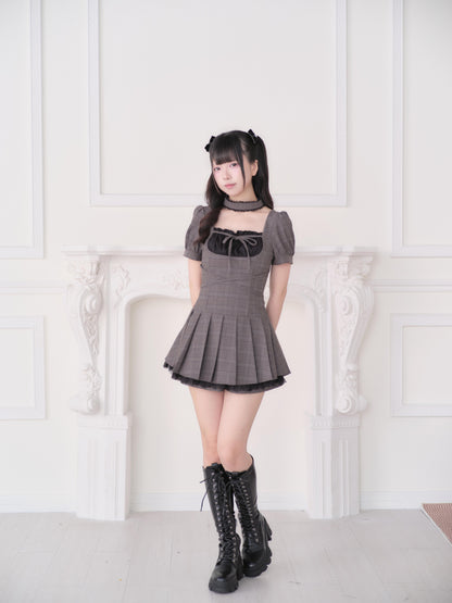 Checkered Choker Neck Pleated Dress Set NOG0033