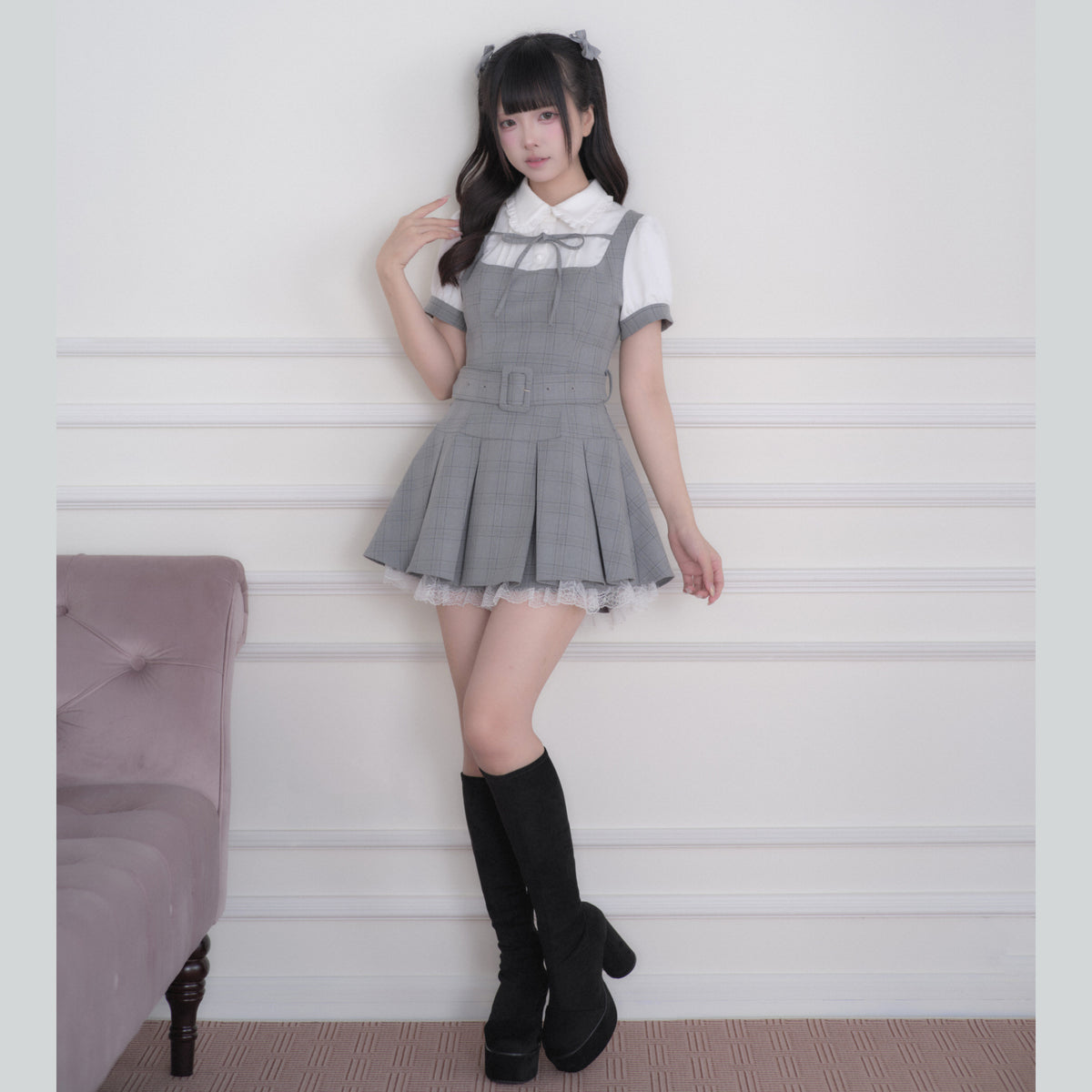 Collared Plaid Pleated Pinafore Dress NOG0030