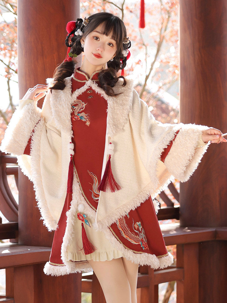 Chinese Style Embroidered Fur Trim Cape Dress Set YOU0238