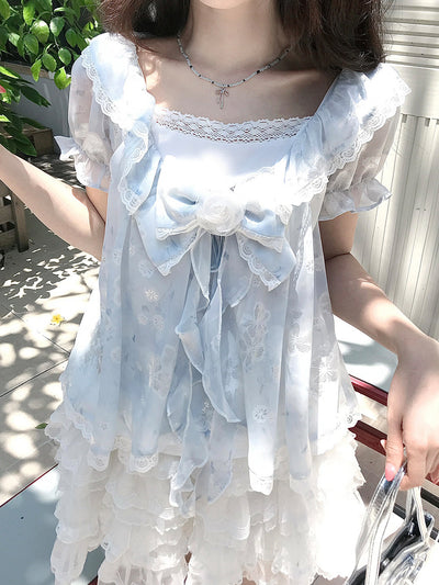 Floral Puff Sleeve Lace Trim Blouse LAL0199