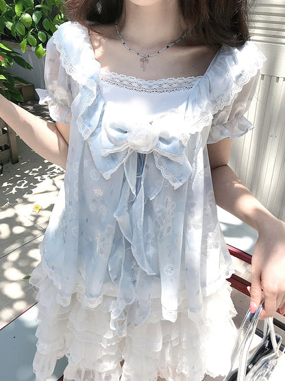 Floral Puff Sleeve Lace Trim Blouse LAL0199