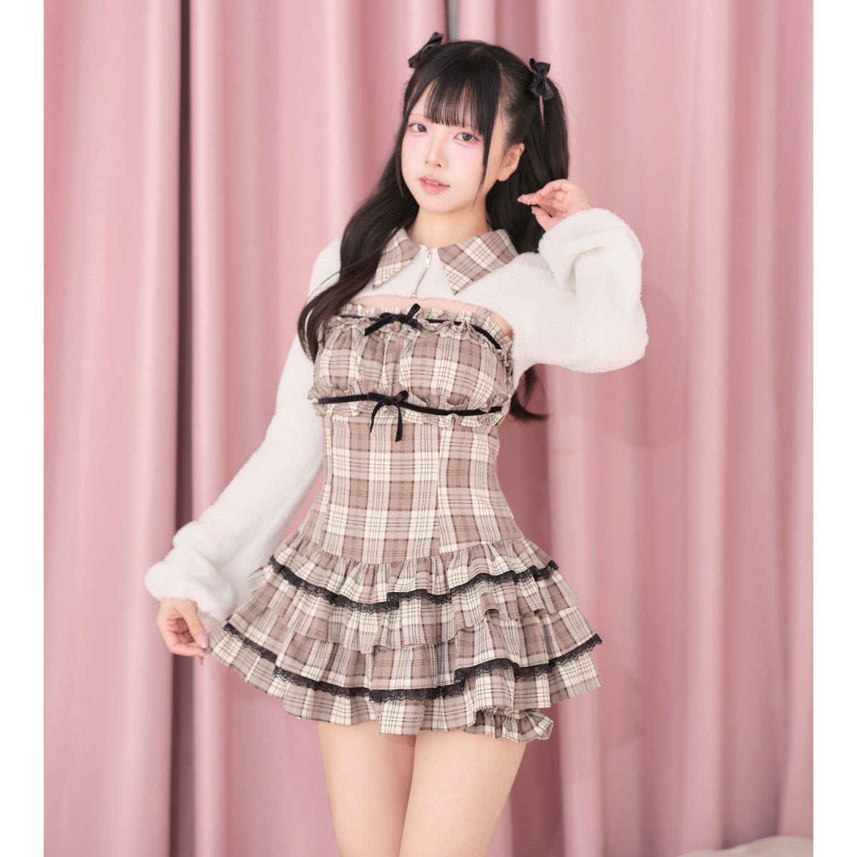 Fluffy Cape Plaid Tiered Dress Set NOG0034