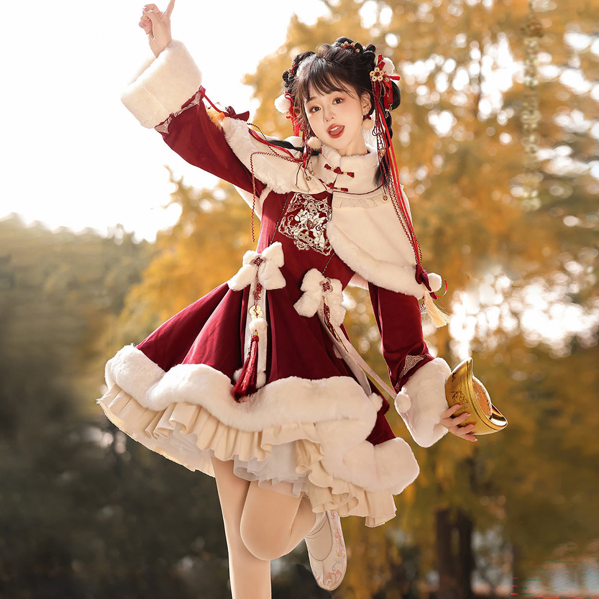 Chinese Style Red Lolita Cape Dress Set YOU0316