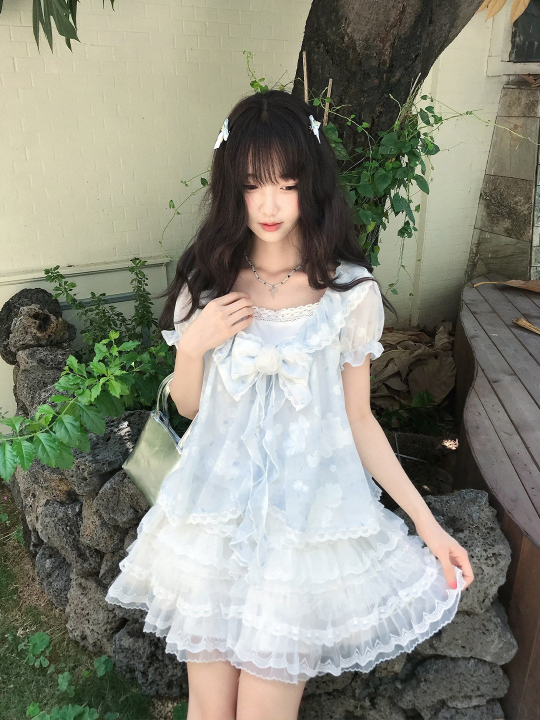 Floral Puff Sleeve Lace Trim Blouse LAL0199