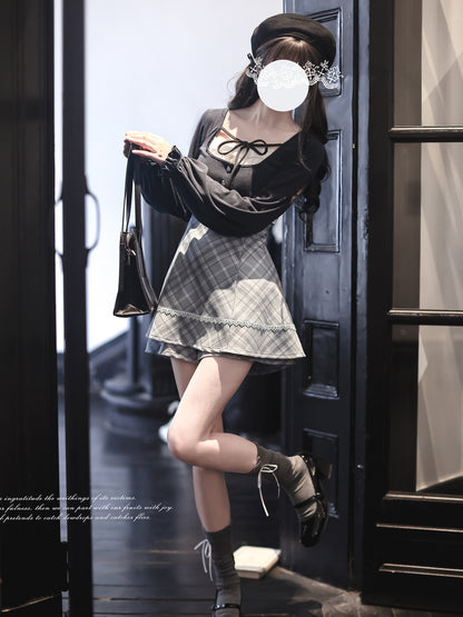 Plaid Cami Dress Cardigan Set HUT0163