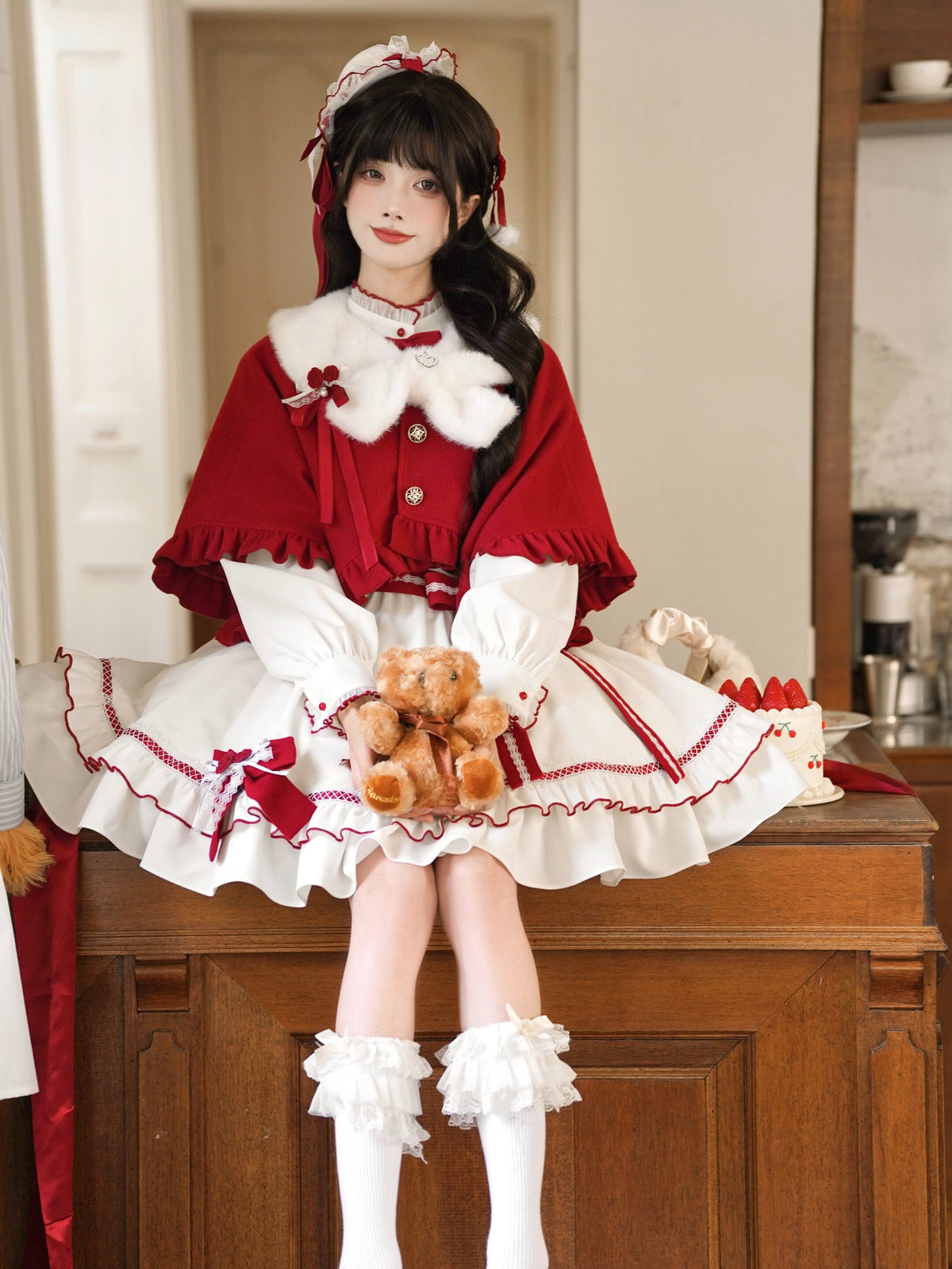 Fur Collar Cape Ribbon Dress Set LAL0253