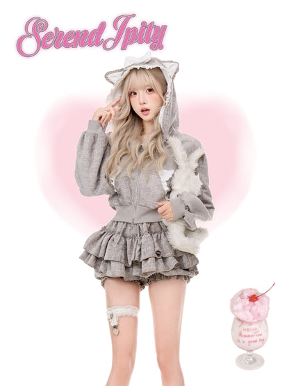 Cat Ear Hooded Grey Jacket And Ruffle Cake Skirt Set SER0157