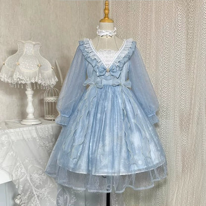 Light Blue or Black High Waist Lace Lolita Dress YOU0040