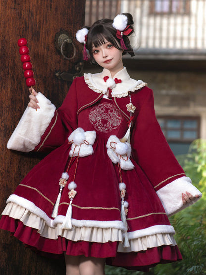Chinese Style Red New Year Cape Dress Set YOU0236