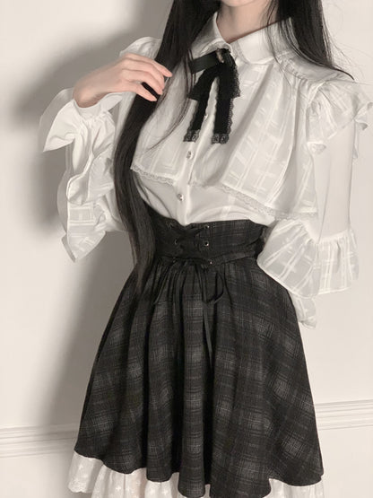 Ruffle Collar Bow Blouse With Plaid Skirt Set LAL0165