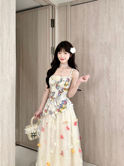 Floral Strap Top Mesh Skirt Set BEL0036