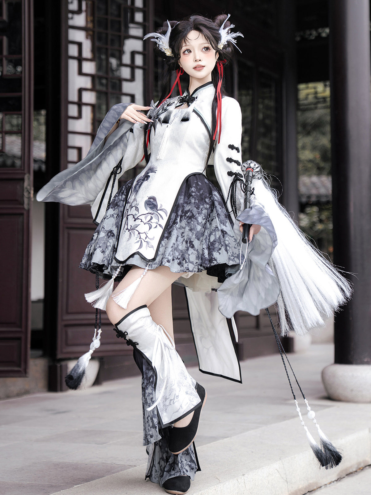 Chinese Style Magpie Feather Frog-Button Dress YOU0229