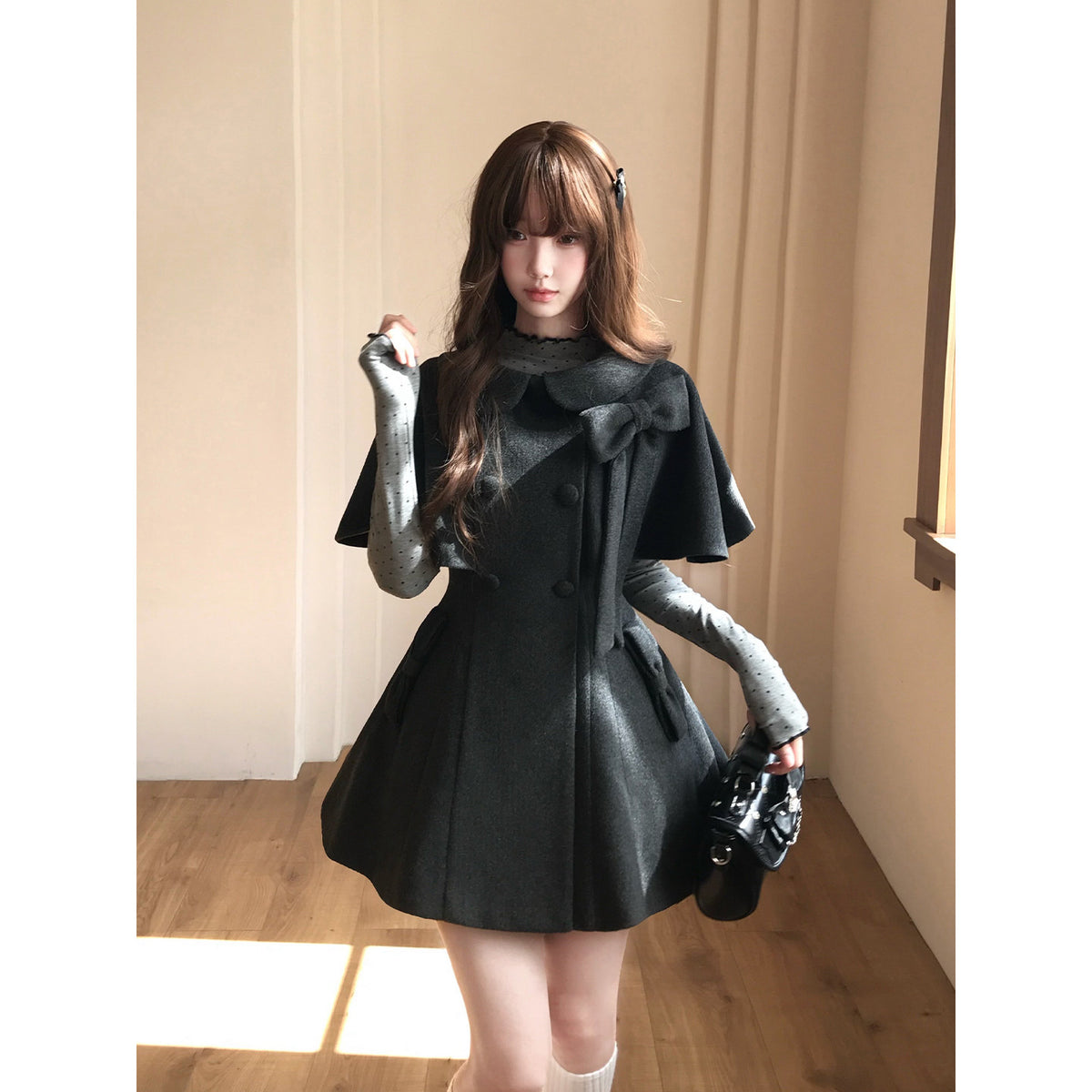 Cape Sleeve Bow Collar Coat LAL0135
